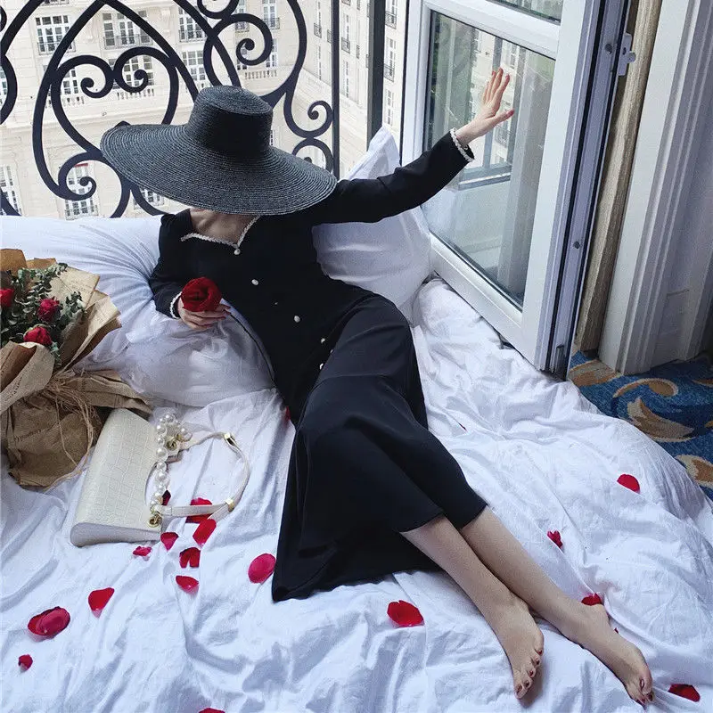 

Vintage Dress Women Casual V-neck Sexy Elegant Retro Evening Party Black Dress Long Sleeve One-piece Dress Korean Autumn