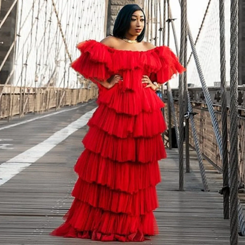 

Robe De Soiree Boat Neck Soft Tulle Evening Dresses Red Lush Off Shoulder Tiered Evening Dress Long Party Gown