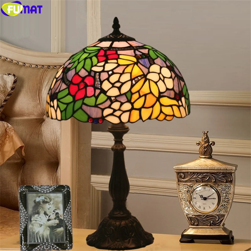 Kopen FUMAT Tiffany Bureaulamp Rode Roos Orchidee Geel Bloem Tafel Licht Handwerk Arts Home Decor 12 Inch Stained Glass E27 LED Legering