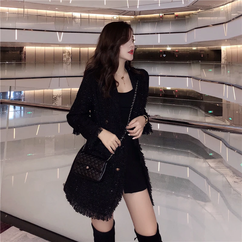 

Designer Women's Double Breasted Metal Button Long Sleeve Notched Collar tassel Jacket Wool Blends Tweed Coat