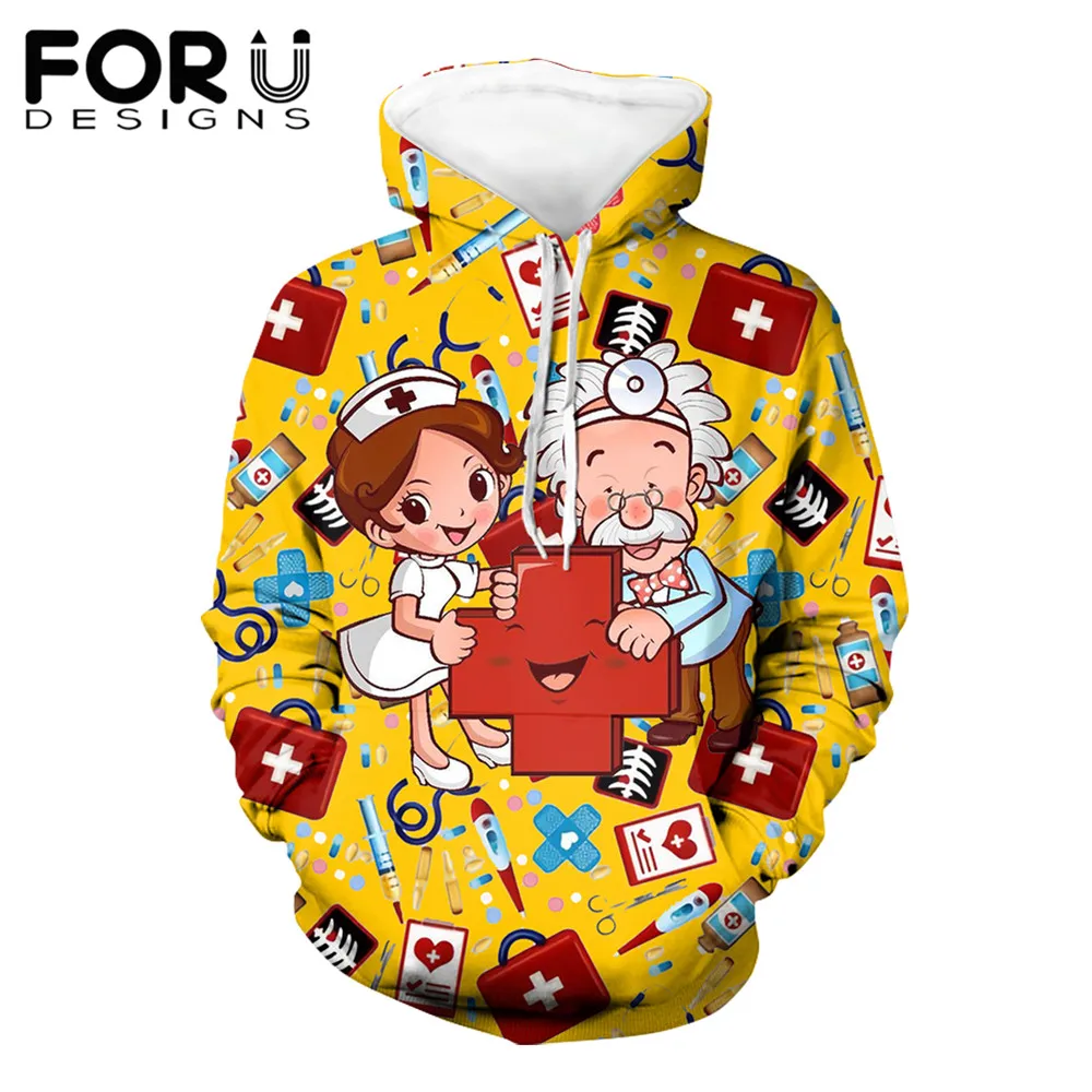 

FORUDESIGNS Kawaii Nurse Cartoon Print Womens Pullover Hoodie Sweatshirts Casual Tunic Tops Kangaroo Pocket Shirts Dropshipping