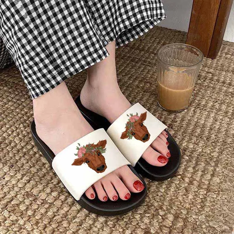 

Beach Slippers Open Toe Indoor Home Women Slides Beautiful Slippers Lovely Cow wearing a wreath Slippers Cartoon Slippers Girls