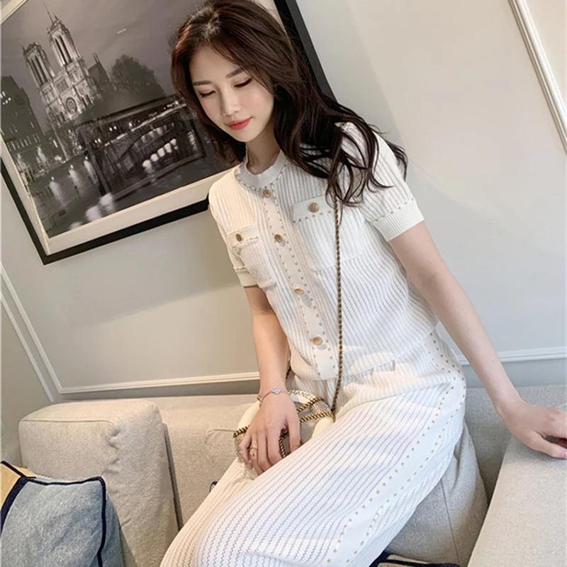 Новинка весна-лето Женский комплект из 2 предметов подходящий Топ широкие брюки