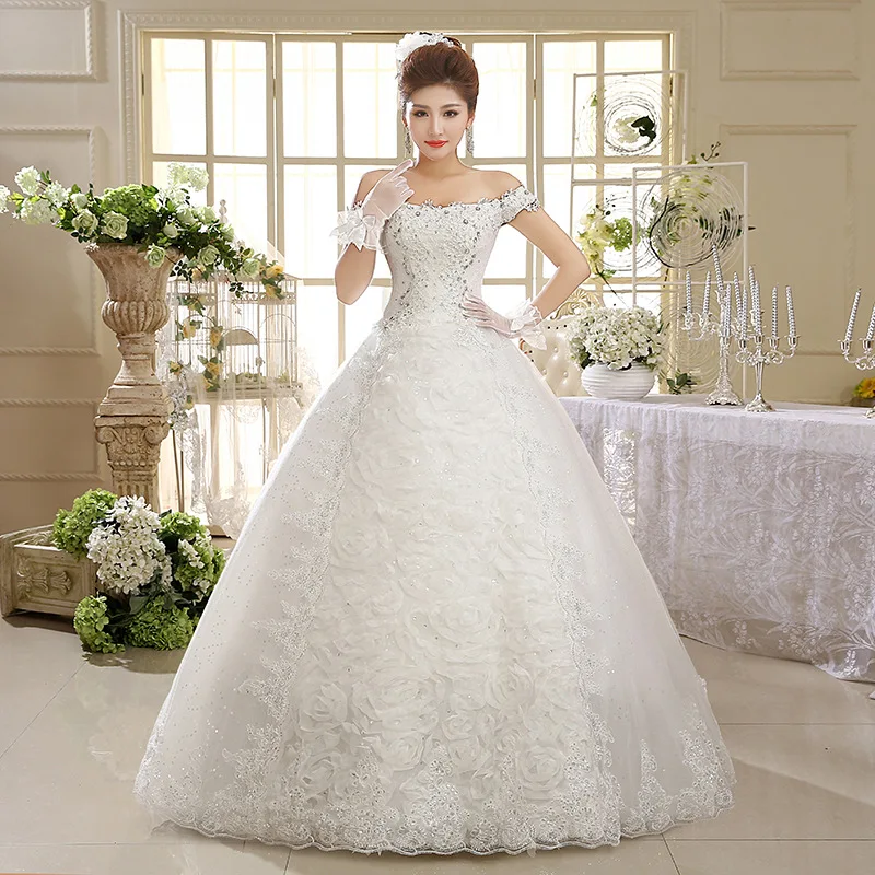 

New Wedding Dress Boat Neck Embroidery Luxurious Crystal Lace Up White Plus Size Wedding Gowns for Women Vestidos De Novia G076