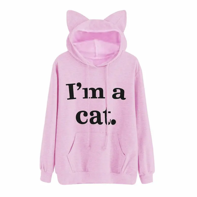 

Women Casual Sweatshirt Cat Ear Long Sleeve Hoodie Sweatshirt Simple Letter Print Upper Ladies Autumn Loose Pullover Sweatshirts