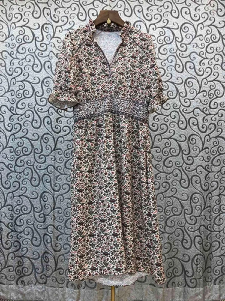 

100%Cotton Dress 2021 Summer Fashion Style Women V-Neck Vintage Floral Print Short Sleeve Mid-Calf Length Casual Dress Vestidos