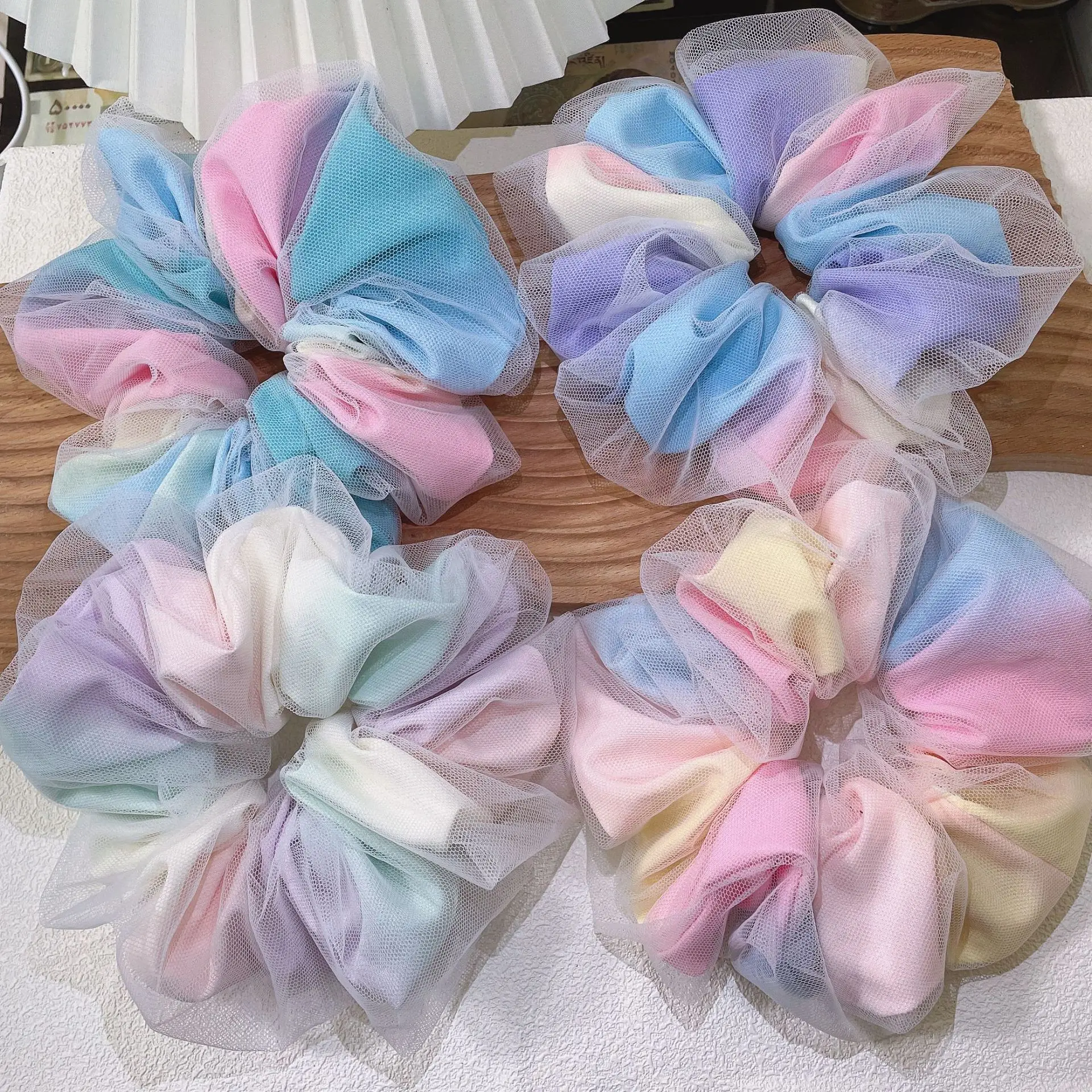 

Fashion Satin Chiffon Rainbow Color Big Elastic Hair Rope Scrunchies For Women Girls Large Size Hair Bands Gum Hair Accessories