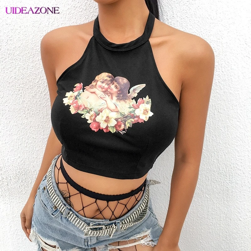 Модный милый укороченный топ с открытой спиной и принтом Купидона без рукавов