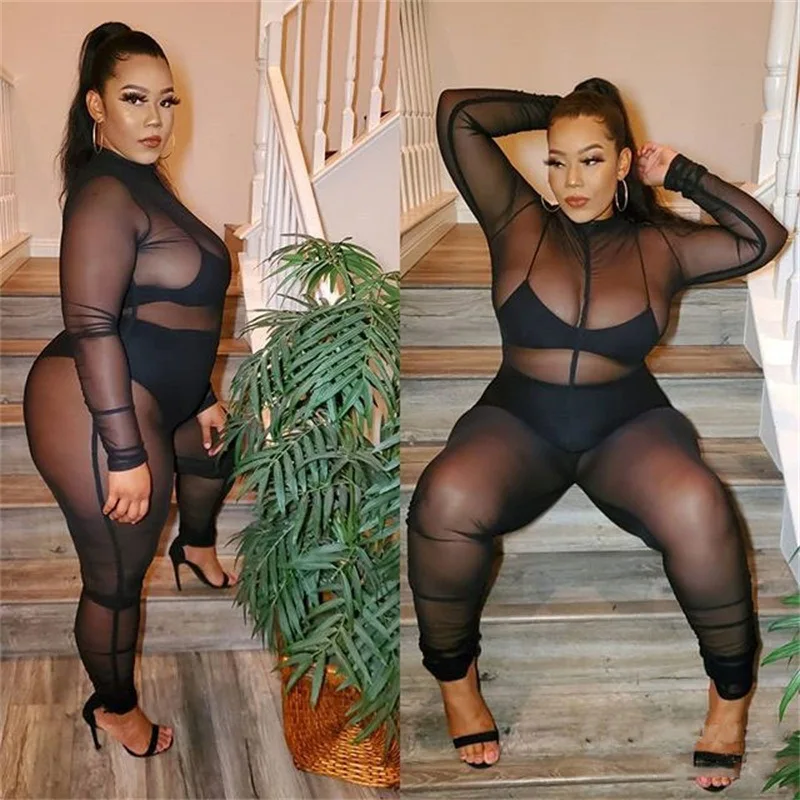 

See through mesh sexy black jumpsuit women o neck long sleeve sheath catsuit party club style plus size long overall