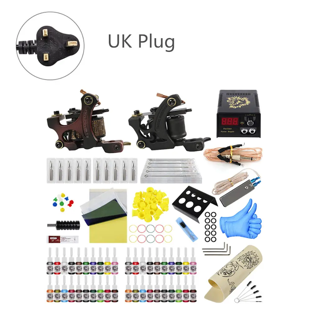 UK Plug Полный набор, профессиональная тату-машинка, набор, 2 катушки, тату-иглы для боди-арта, 40 цветов, чернила, источник питания - Цвет: UK Plug