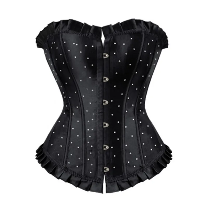 

Women Corselet Rhinestone Satin Sexy Bustier Lace up Boned Top Corset Overbust Brocade Plus Size S-6XL