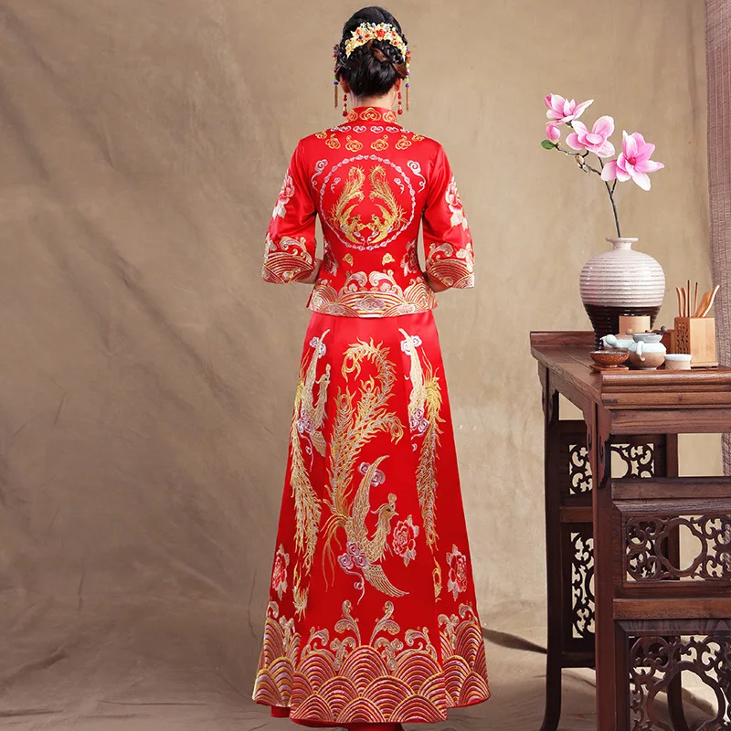Летнее традиционное китайское свадебное платье с полурукавами и вышивкой в