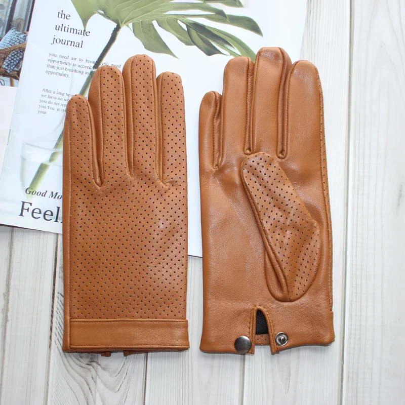 New men's sheepskin gloves leather touch screen fashion mesh hollow breathable thin silk motorcycle riding and driving gloves