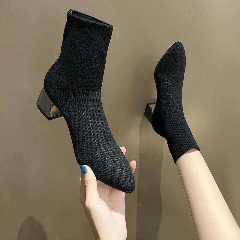 

Winter Boots Lady Women's Low Shoes Boots-Women Luxury Designer 2021 Ankle Pointy Stockings Med Rubber Fashion Autumn Rome Fabr