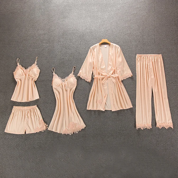 

Women Pajamas 5/4/2/1 Pieces Satin Sleepwear Pijama Silk Home Wear Home Clothing Embroidery Sleep Lounge Pyjama with Chest Pads