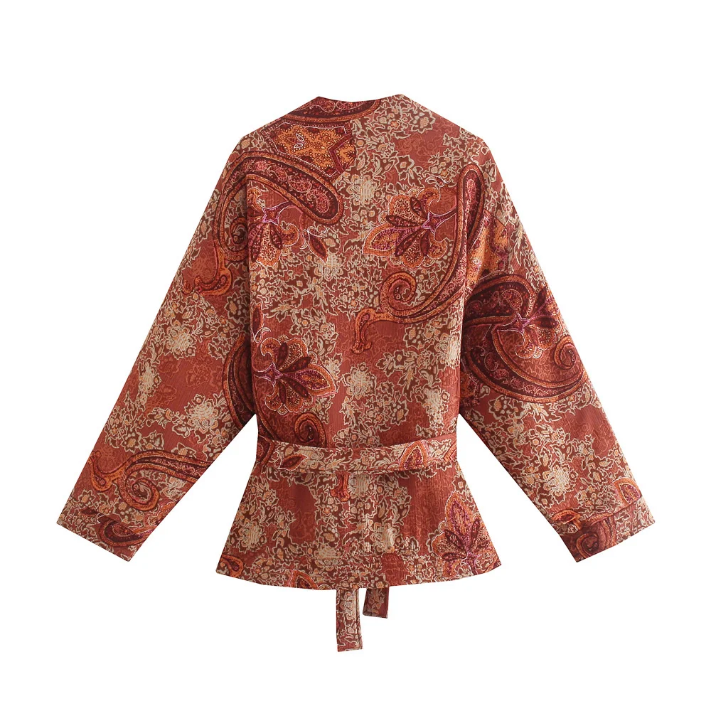 

Toppies Autumn Kimono Blouses Jacket Coat Padded Belt Jacket With Belt Vintage Totem Printed Loose Cardigan Coat