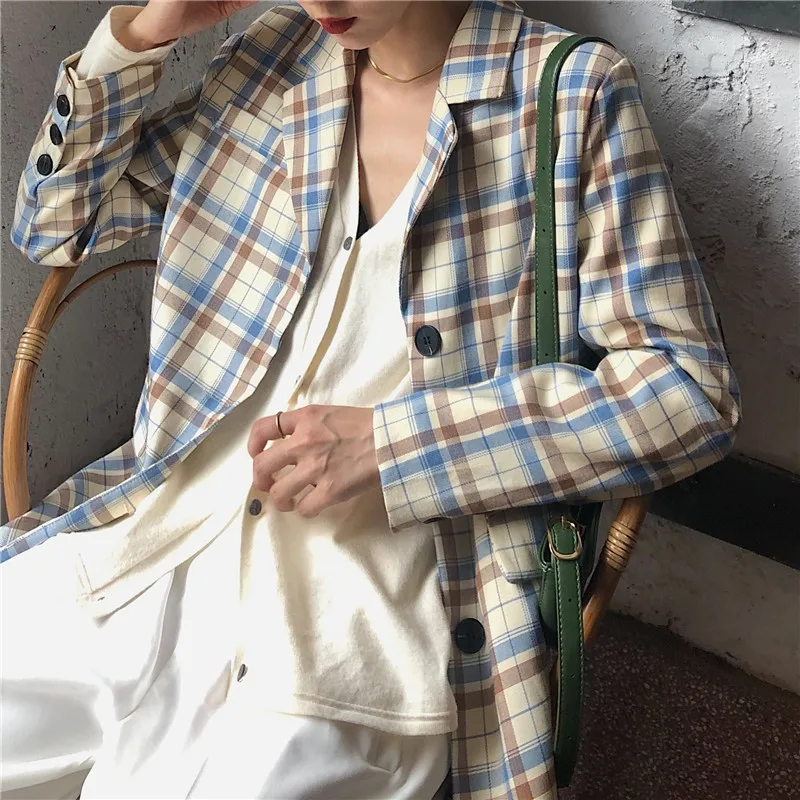Cheerart: пиджак в клетку для мальчика; сезон осень Для женщин куртка пальто пиджак женский, с длинным рукавом с острыми бортами, Повседневное Блейзер