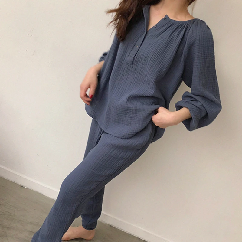 Korean Cotton Line Home Suit Women Solid Vintage Sleepwear Soft Pajamas Set Sweet Loose Buttons Lace Up Long Pants Tow Piece Set