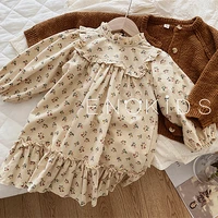 vintage kids girls cotton dress with floral pattern 2021 autumn long sleeve baby girls one piece dresses korea children clothing