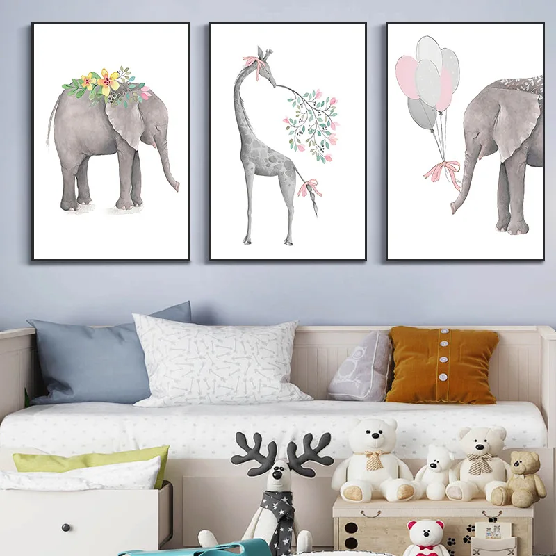 

Children's Room Decorative Painting Frameless Nordic INS Style Modern Cartoon Animal Elephant Panda Squirrel Canvas Art Pictures