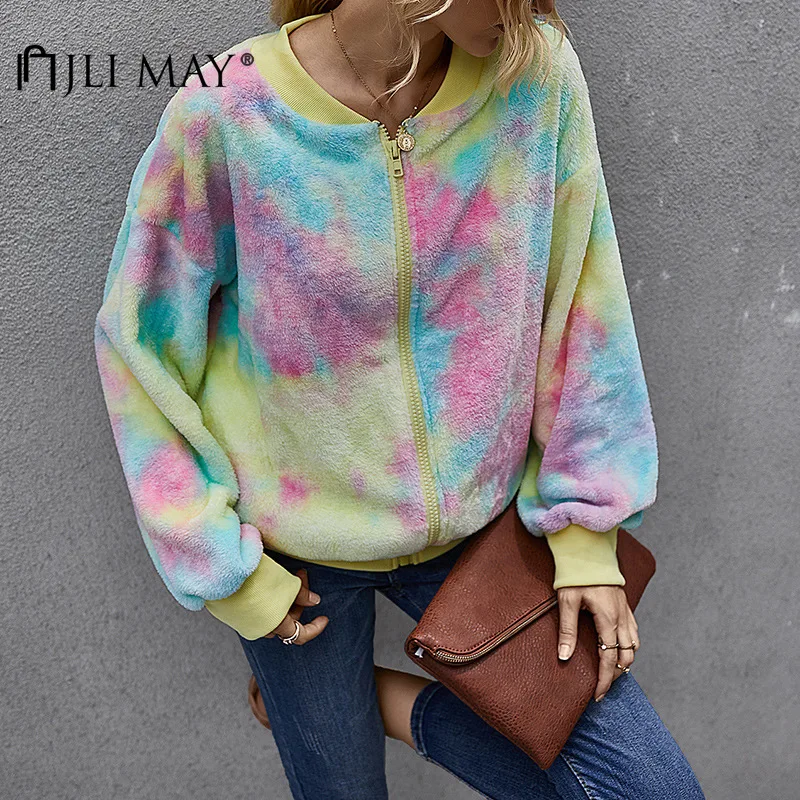 

JLI MAY Women's Tie dyed Sweatshirts Fleece O-Neck Zipper Long Sleeve Winter Casual Zip-up Sweatshirt