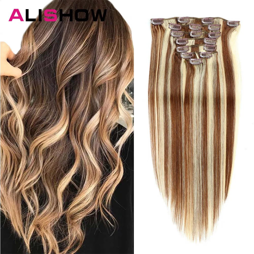 Alishow 140g Clip in hair extensions 100% Natural Hair Brazilian Straight Machine Remy Weft Human Hair Clips