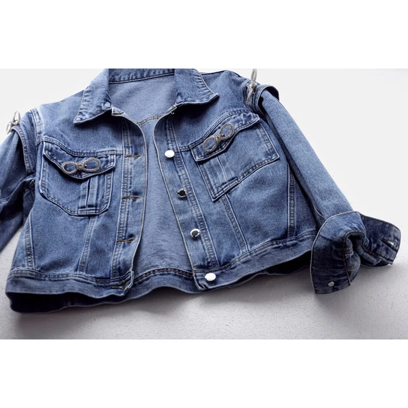

Spring Fashion Removable Diamonds Appliques Denim Jacket Women Outerwear Chaquetas Mujer Loose Long sleeve Jeans Jacket Female