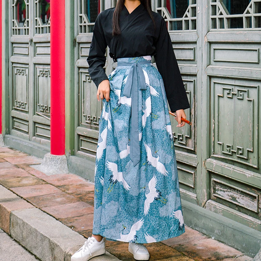 Японский стиль женские юбки с высокой талией восточные китайские принты