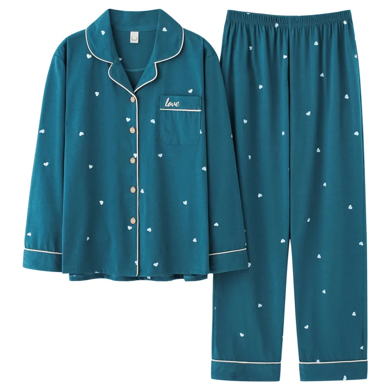 Autumn Winter Sexy Cotton Pajamas Set Cute White Love Pattern Pajamas Ladies Soft Leisure Nightwear Loose Oversized Sleepwear