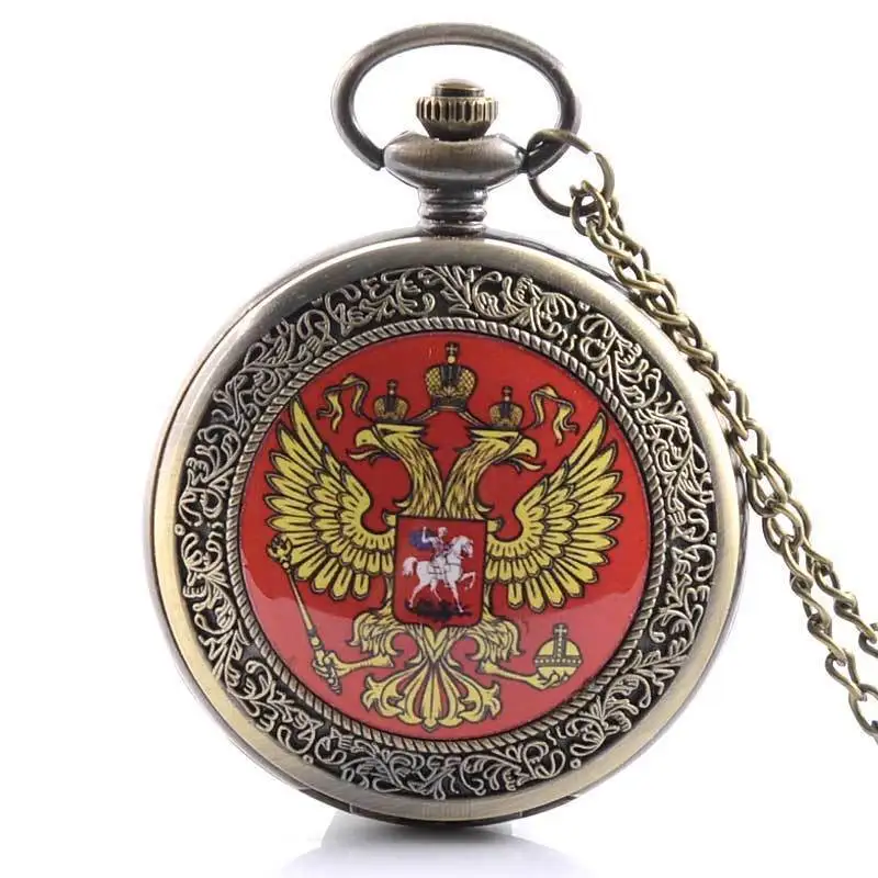 Античный бронзовый орел российский знак карманные часы ожерелье кулон тема Полный Охотник кварц гравированный брелок цепочка подарок