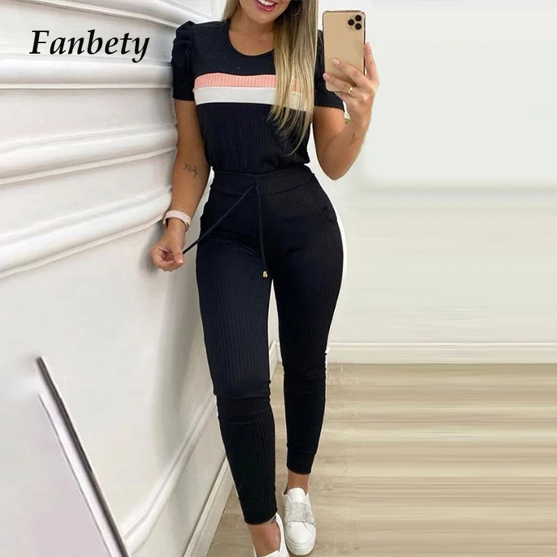 

Женский спортивный костюм из двух предметов, повседневный топ в рубчик с пышными рукавами и длинные брюки с карманами, Элегантная Модная ул...