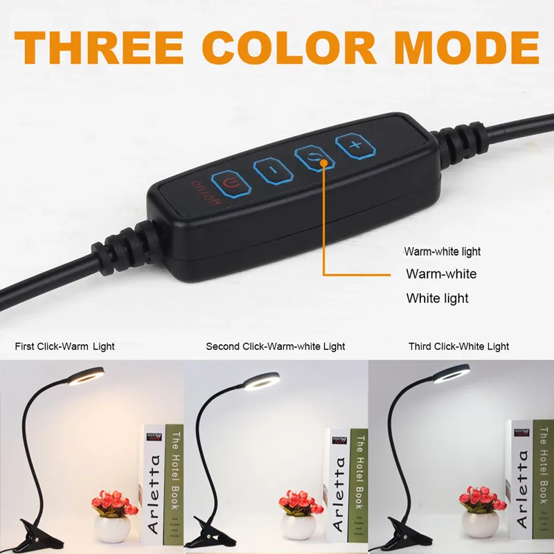 

LED Desk Lamp, Clip on Lights USB Charging Port, Eye Protection 3 Color Dimmable 360 Degree Flexible Kids Reading Light
