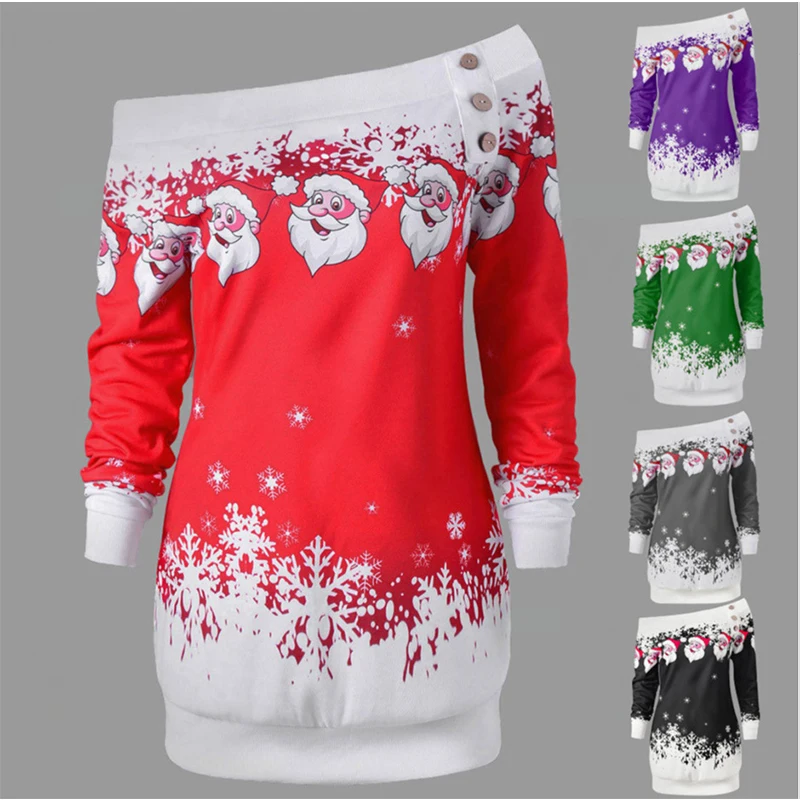 

Ladies Christmas Clothing Round Neck Printed Splicing Pullover Fall Winter Black Slash Long Sleeve Polyester Loose Sweatshirts