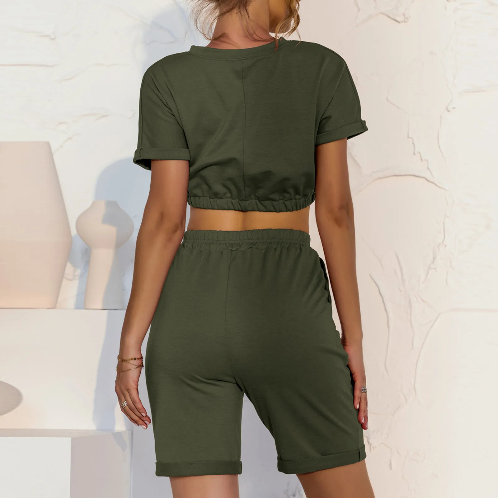 

Lace Up Shorts Sets Summer Women's Short-sleeved Waist Pants Pocket Casual Solid Color 2-piece Suit