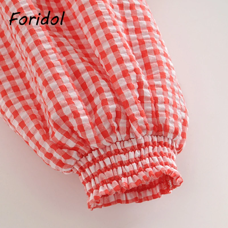 

Foridol V Neck Off Shoulder Plaid Blouse Tops Women Vintage Ruffle Elastic Red Crop Tops Summer Lantern Sleeve Tops 2021 New