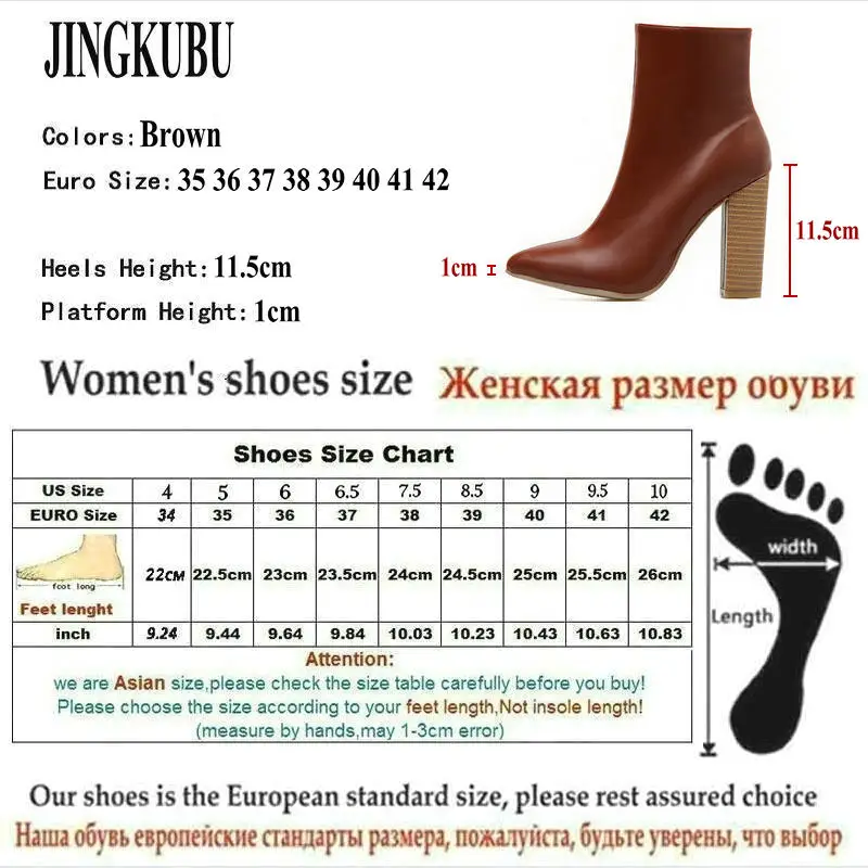 

JINGKUBU 2019 New Women PU Leather Boots Winter Pointed Toe High Heel Boots Zipper Fashion Motorcycle Boots Brown Plu size 35-42