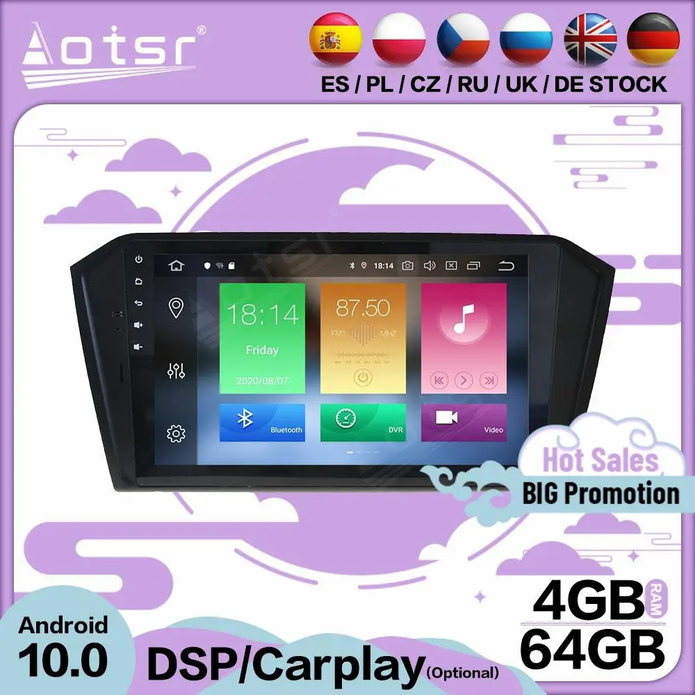 

4+64GB Carplay Multimedia Stereo Android 10.0 Player For VW PASSAT 2016 BIG SCREEN GPS BT Audio Radio 2 Din Receiver Head Unit