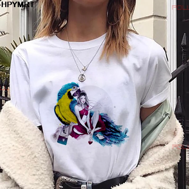 Новинка 2020 Сексуальная футболка с принтом красавица и попугая женская модная