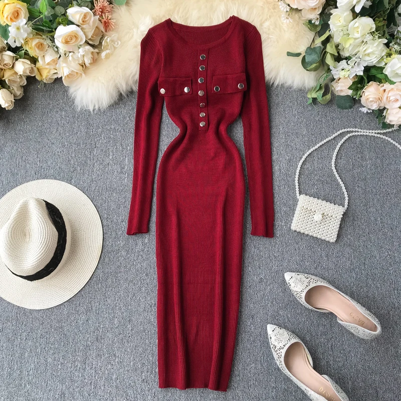 Женское платье новое поступление 2019 осеннее вязаное тонкое карандаш с длинными