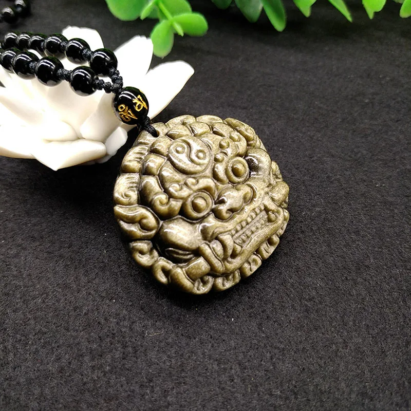 SHIYM Прямая поставка золотой обсидиан Foo Dog ожерелье с подвеской в форме головы