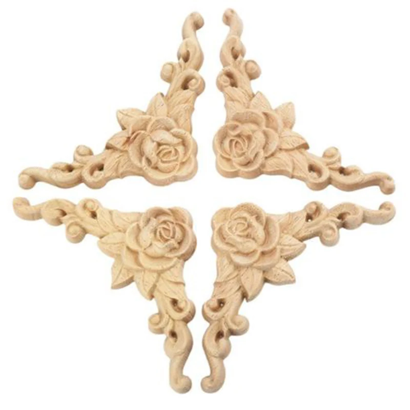 

4Pcs 8*8cm New Wood Carved Corner Onlay Applique Door Cabinet Rose Unpainted Europ Door Cabinet Bed Decoration Rose Decals
