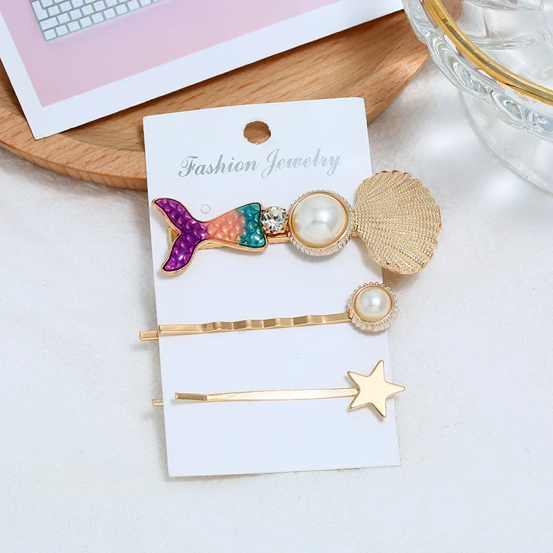 C-purple 2/3pcs Summer Beach Shell Metal Hairpins Fashion Pearl hairgrip Mermaid Starfish HairClips Women Hair Accessories Adult Headwear - Цвет: C-purple
