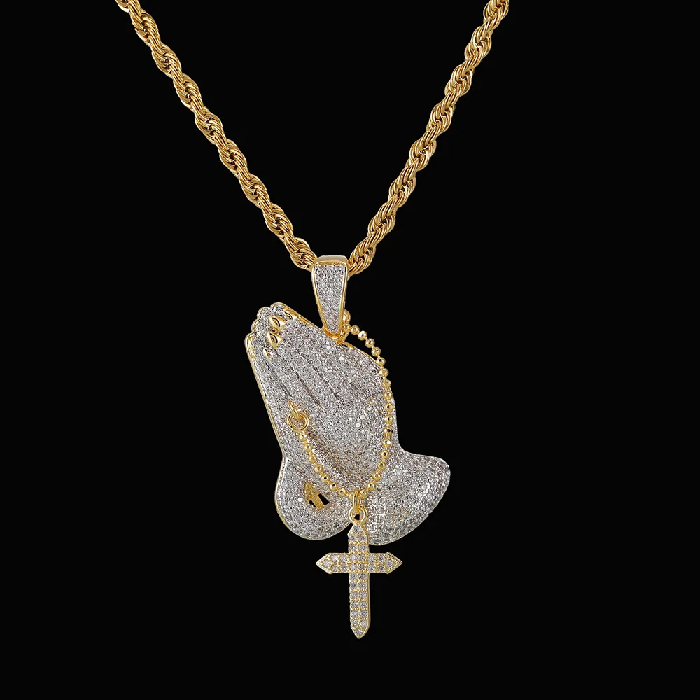 Зубец Установка AAA + CZ камень Iced Out Bling Золотой Крест молитвенная рука Подвески