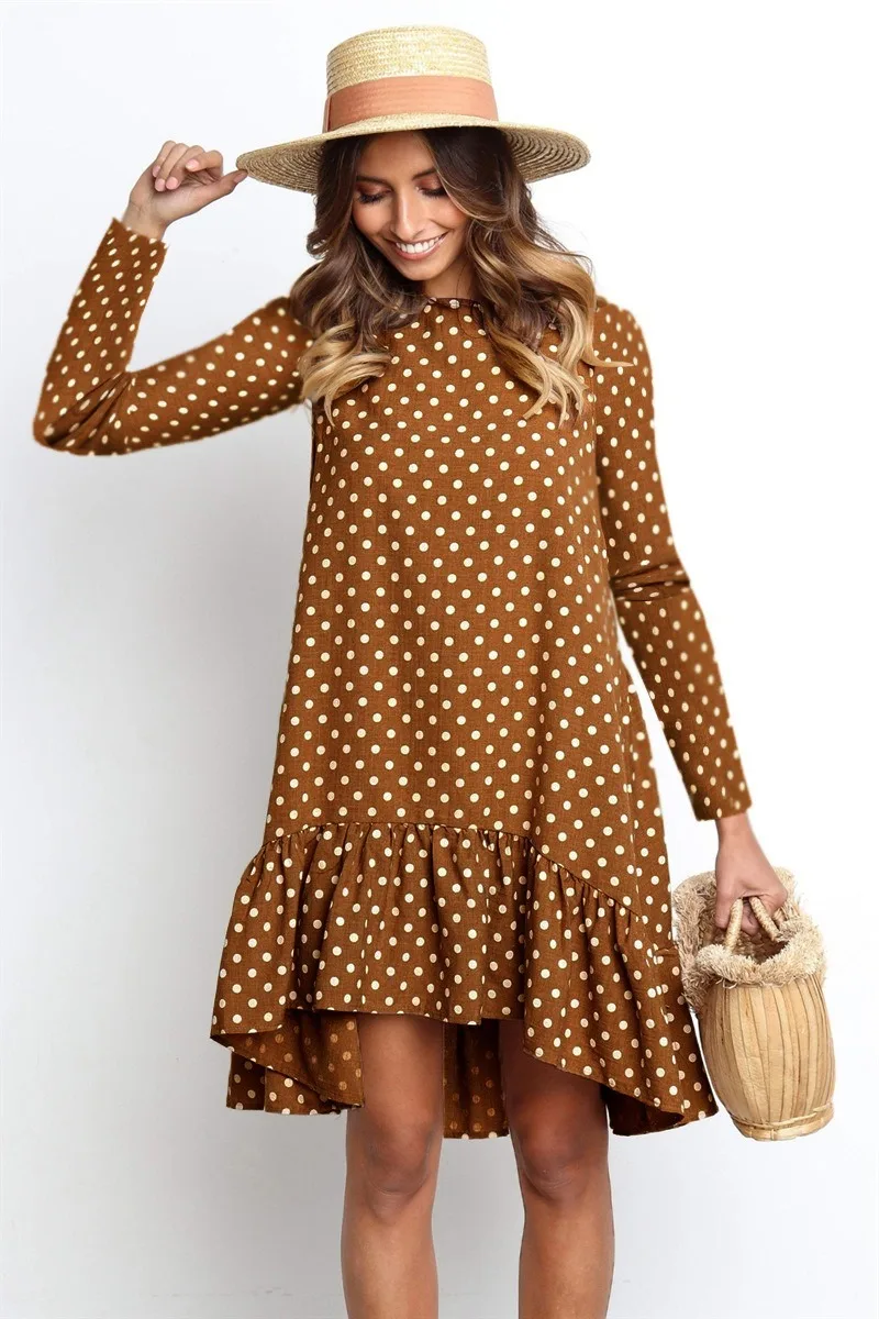 Женское осеннее платье Модное шифоновое в горошек с длинным рукавом и круглым