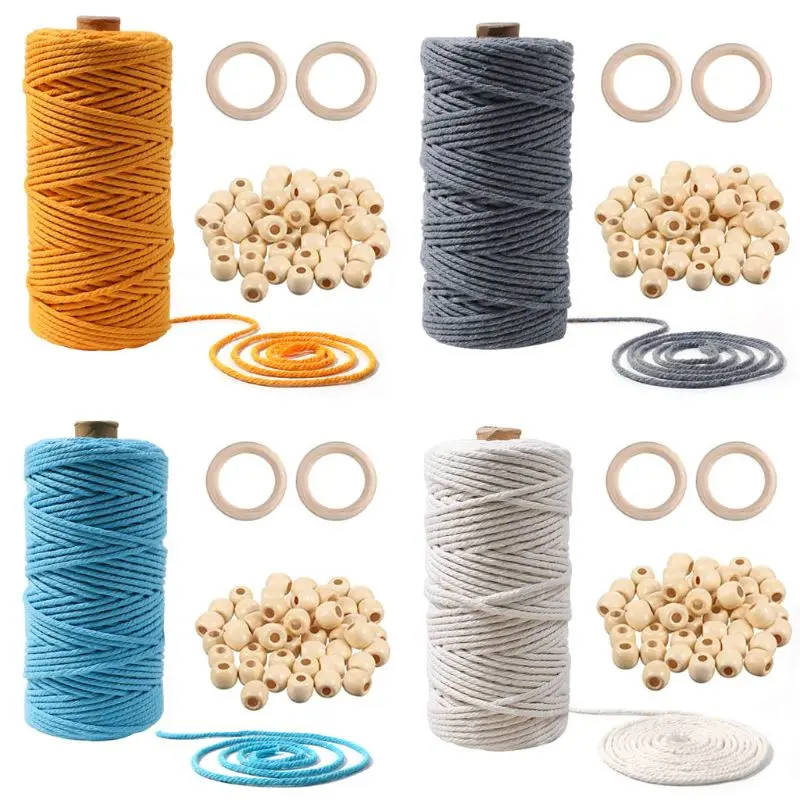 

New 1 Set Macrame Rope Cotton Cord Hand Craft String Wooden Bead Circle DIY Supplies