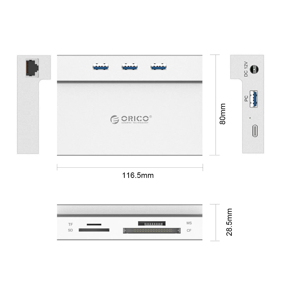 ORICO USB 3,0 концентратор к мульти USB3.0 RJ45 карты памяти SD/TF MS/CF Тип C разделительная карта считывания док-станция с Мощность адаптер для компьютера аксессуары