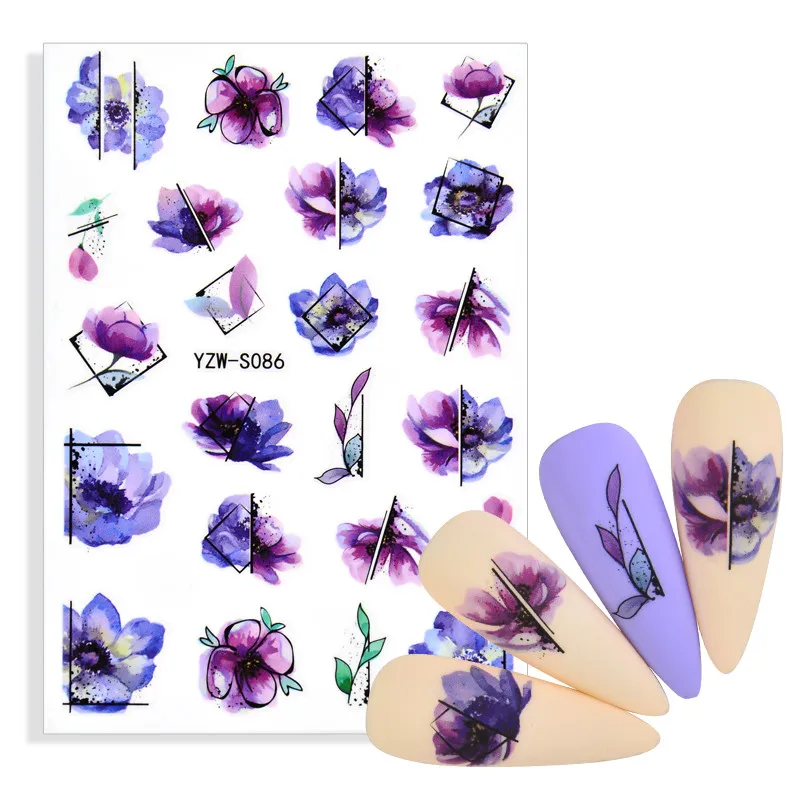 3D Effect Leaf Flower Design Summer Purple geometric pattern Bouquet Nail Art Sticker Decoration Decals Manicures Tips Tool | Красота и