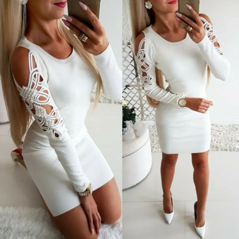 Sexy Women Ladies Bodycon Long Sleeve Mini Dress Solid White Hollow Party Casual Jumper Short | Женская одежда