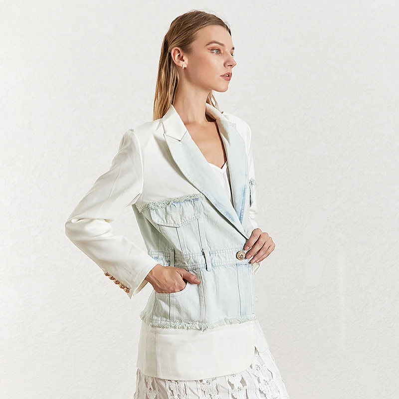 TWOTWINSTYLE джинсовый лоскутный выдалбливающий Женский блейзер с зубчатым