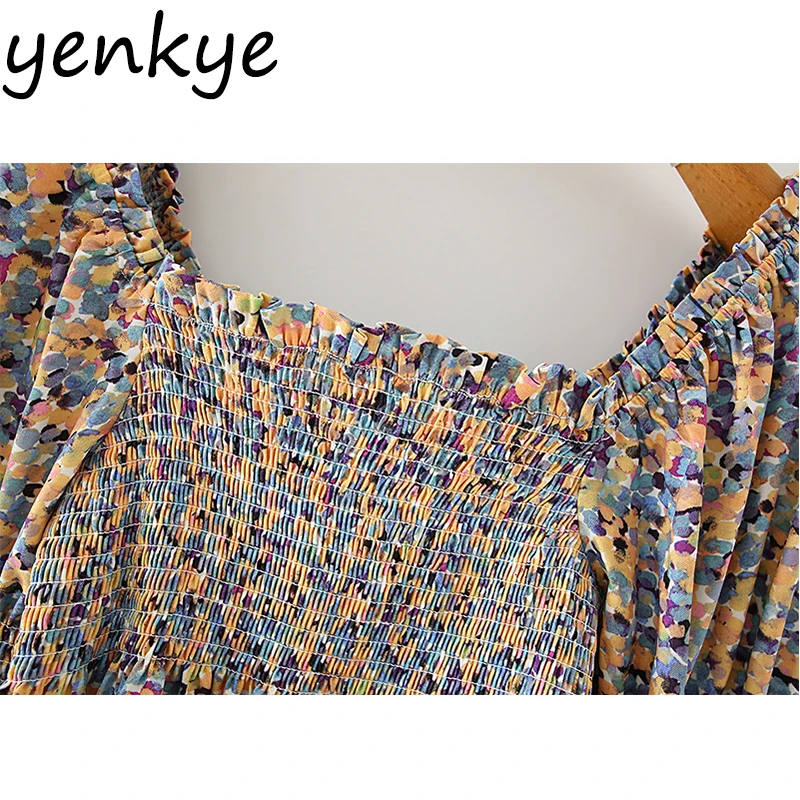 

Vintage Floral Print Crop Top Women Square Neck Butterfly Sleeve Autumn Tops Fashion Lady Elegant Short Blouse blusas